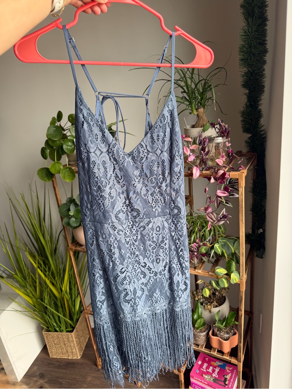 Blue Lace Fringe Slip Dress - Women's V-Neck Spaghetti Strap